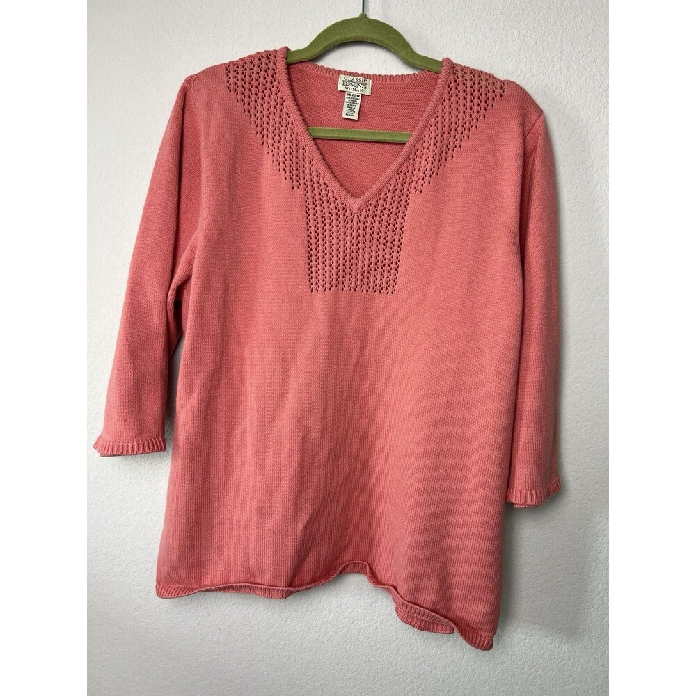 Classic Elements Woman Sweater 20-22W Coral Pink V-Neck Crochet Cotton Blend
